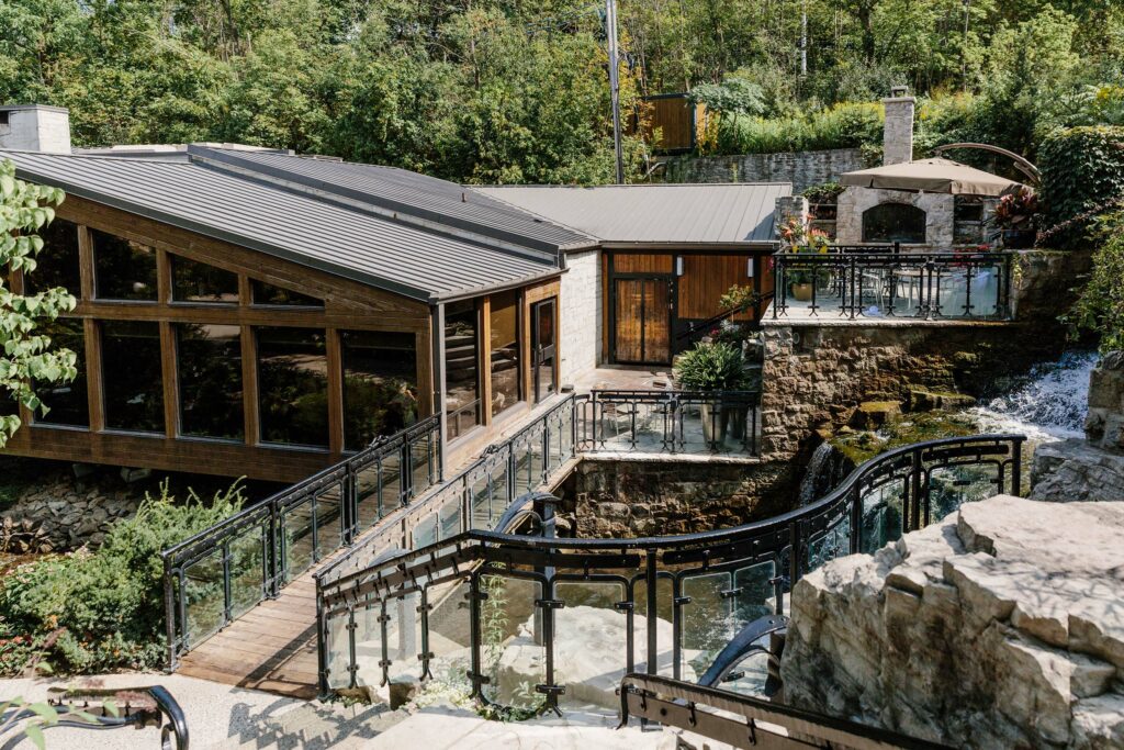 Patio and waterfall at Ancaster Mill