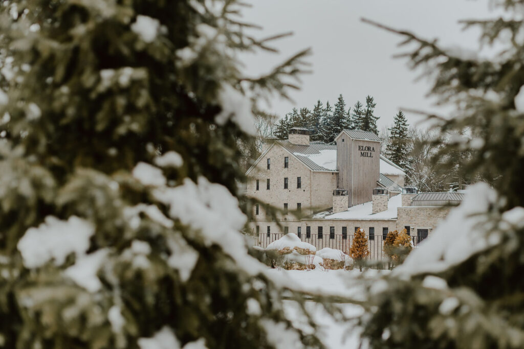 Elora Mill Hotel & Spa in the distance, positioned behind two evergreen trees covered in snow